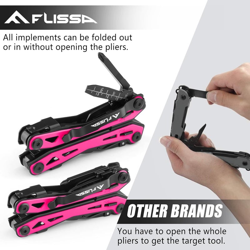 FLISSA 16-in-1 Pink Multi Tool Pliers, Gifts for Men, Stainless Steel EDC Multitool with Pocket Knife, Belt Clip and Oxford Pouch, for Camping Survival Outdoor Activities - Image 5